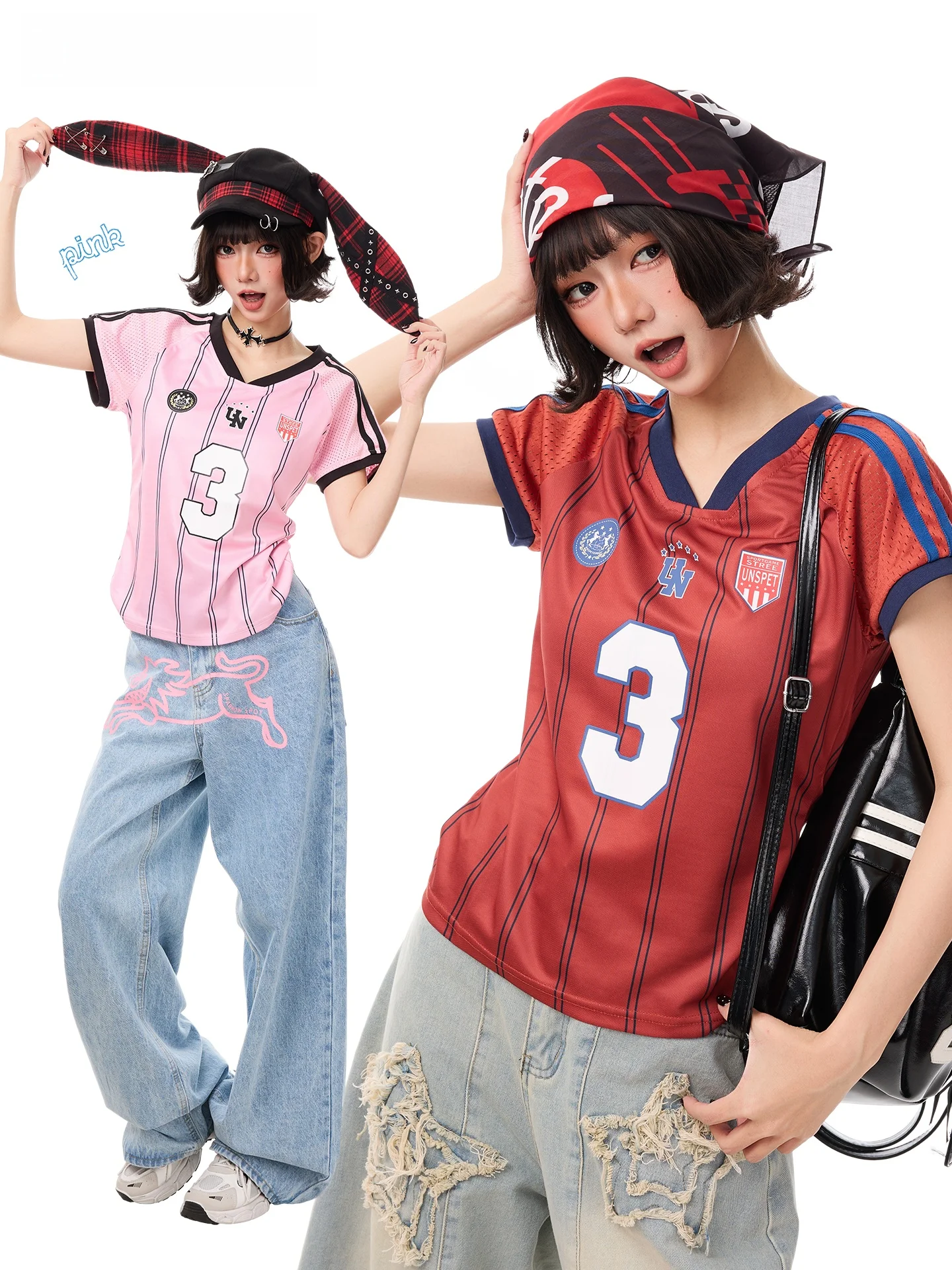 K787 American Style Casual Spicy Girl Satin V-neck Short Sleeve T-shirt Women's Sport Top Breathable Football Style Printed Tee