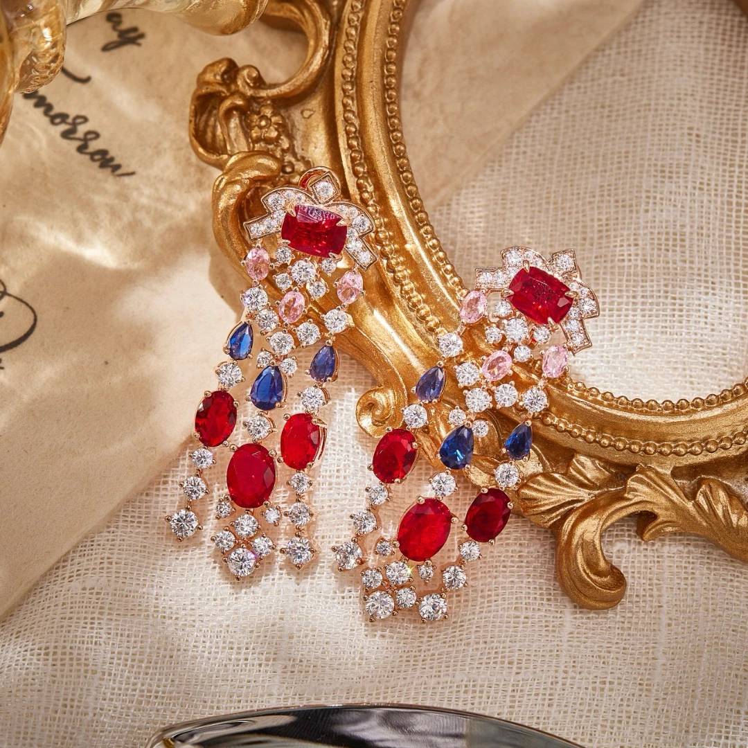 

2025 Luxury Temperament Hot Vintage AAA Cubic Zirconia Red Drop Tassel Earrings For Women Party Dating Evening Dress Jewelry