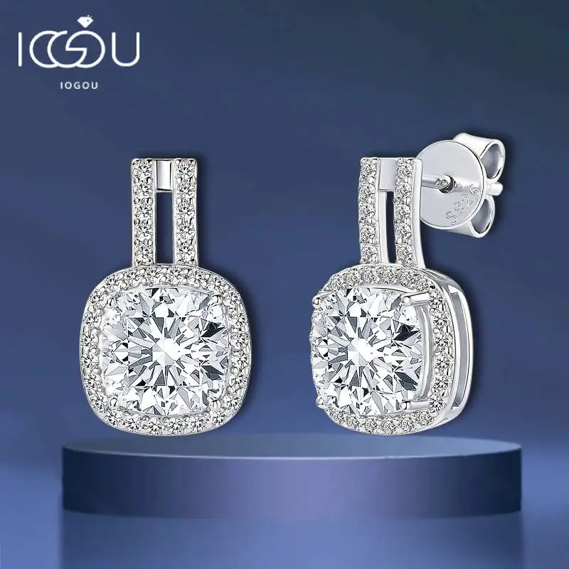 

IOGOU Real Silver 925 Halo Stud Earrings 2.0Carat Cushion Cut Moissanite Diamond Drop Earrings for Women 2024 Modern Jewelry