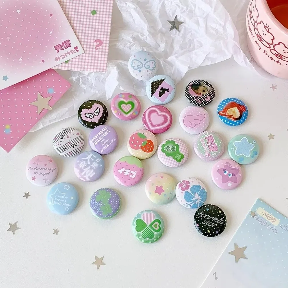 6Pcs/Set Ins Style Mini Badge Pins Round Shape Printed Design Enamel Pins Clothing Pin Attachment Round Brooch For Clothing