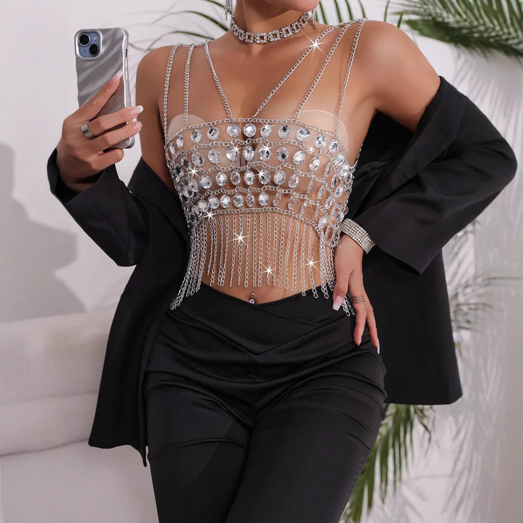 

2025 модный ночной клуб сращивание металлической цепочки с кисточками сексуальный жилет с открытой спиной L23849