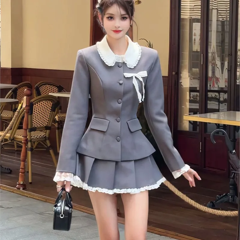 Elegant Two-piece Skirt Set Women Long Sleeve Single Breasted Blazer Coat Lace Pleated Mini Skirt Autumn Korean Fashion Outfits