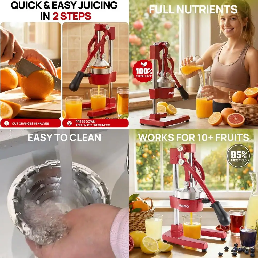 

Ручная соковыжималка для цитрусовых — прочная чугунная ручная соковыжималка для апельсинов и лимонов, простая в использовании и чистке, красная