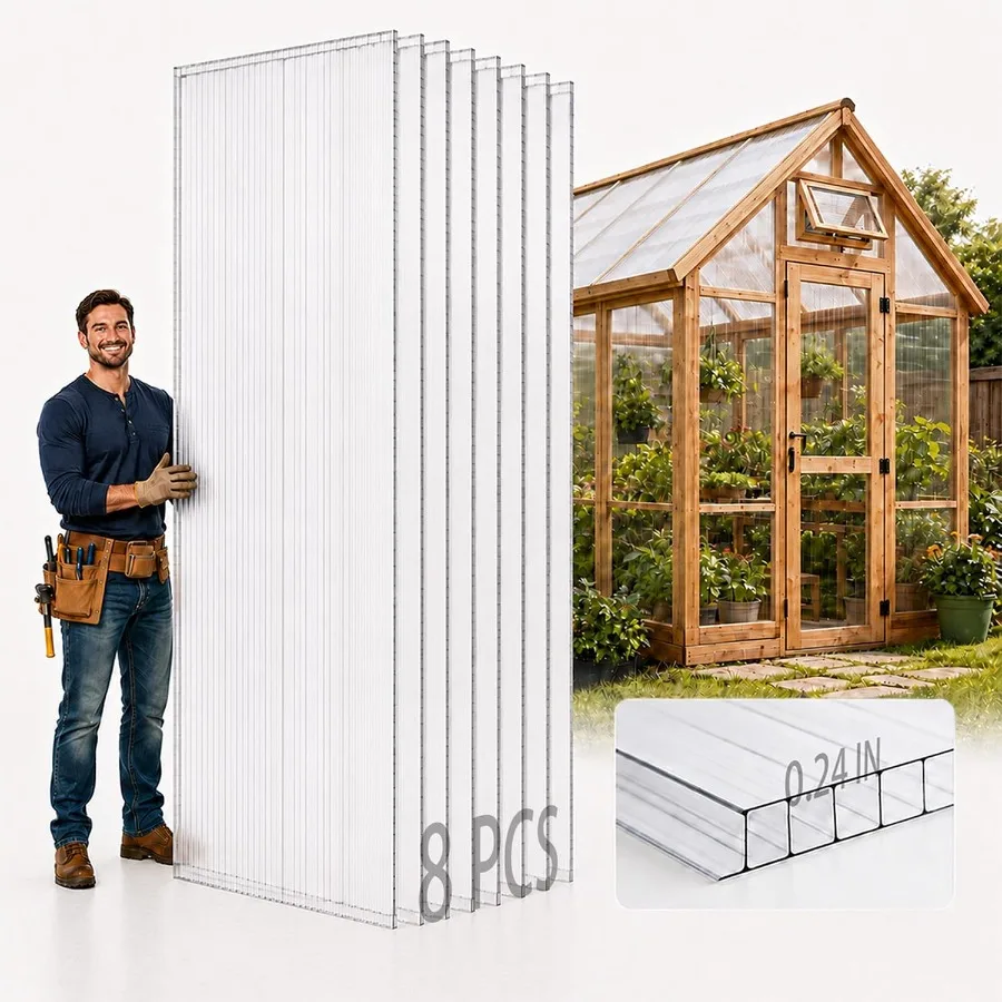 8-Pack Polycarbonate Greenhouse Panels, 8 x 4 Feet, 0.24 in Twin-Wall Sheets, UV-Coated Translucent Roof and Wall Covering for