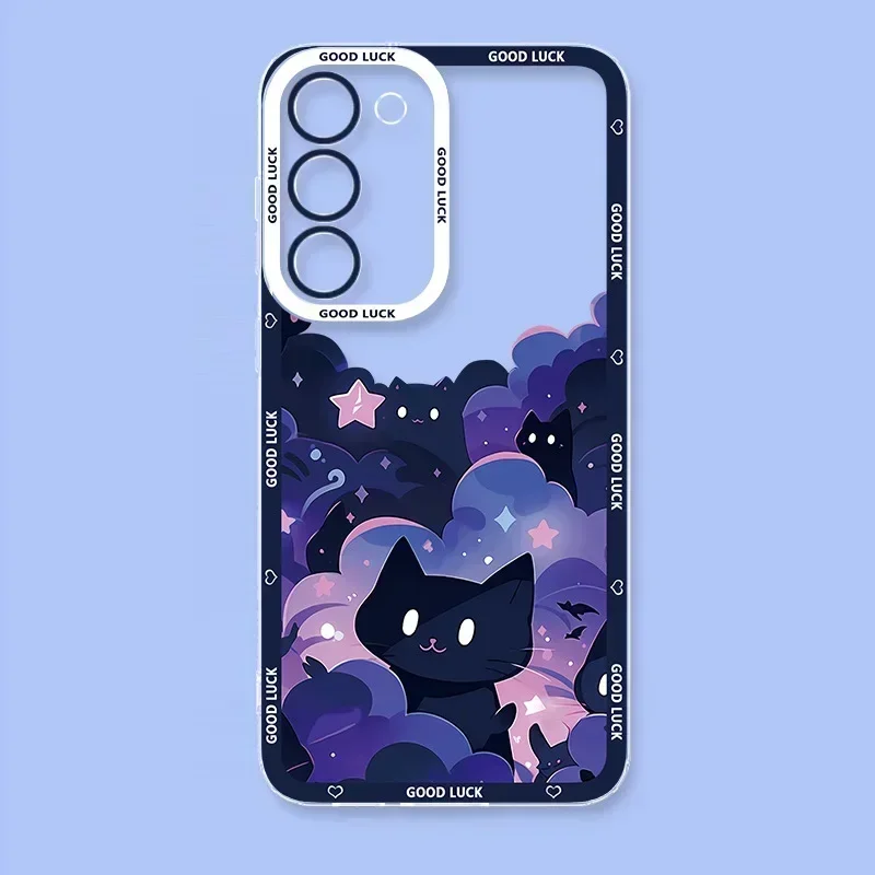 Lustige Künstlerische Schwarze Katze Sternenhimmel Handyhülle für Samsung Galaxy S26 S24 S23 S22 S25 Plus Ultra Transparente Hülle S23+ S22+ S24+ Schutzhülle