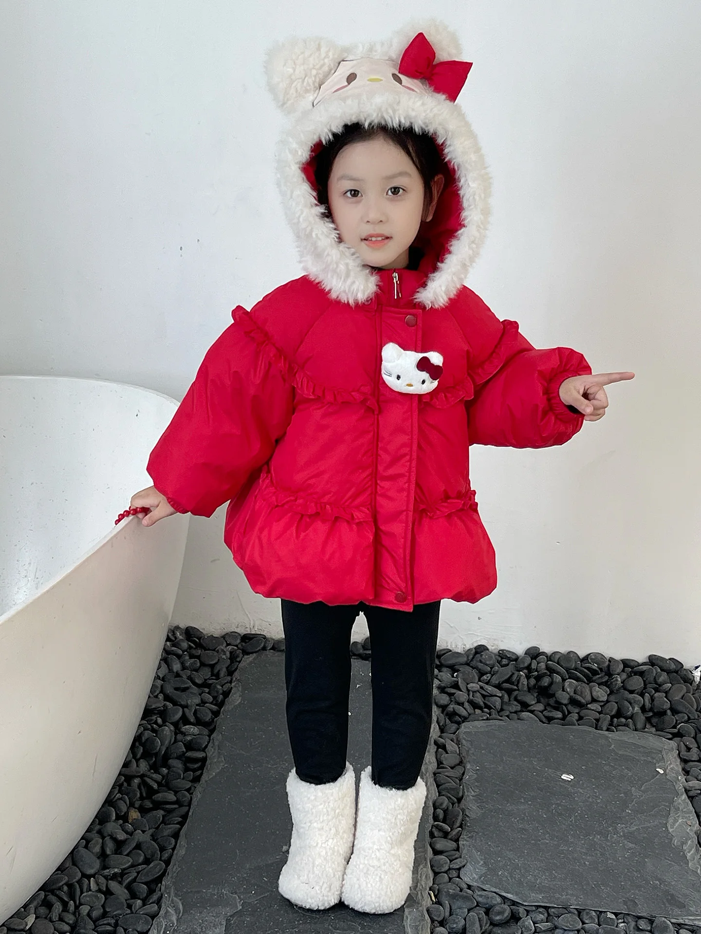 여아용 겨울 다운 재킷 중간 길이 귀여운 어린이 외투 화이트 다운 코트