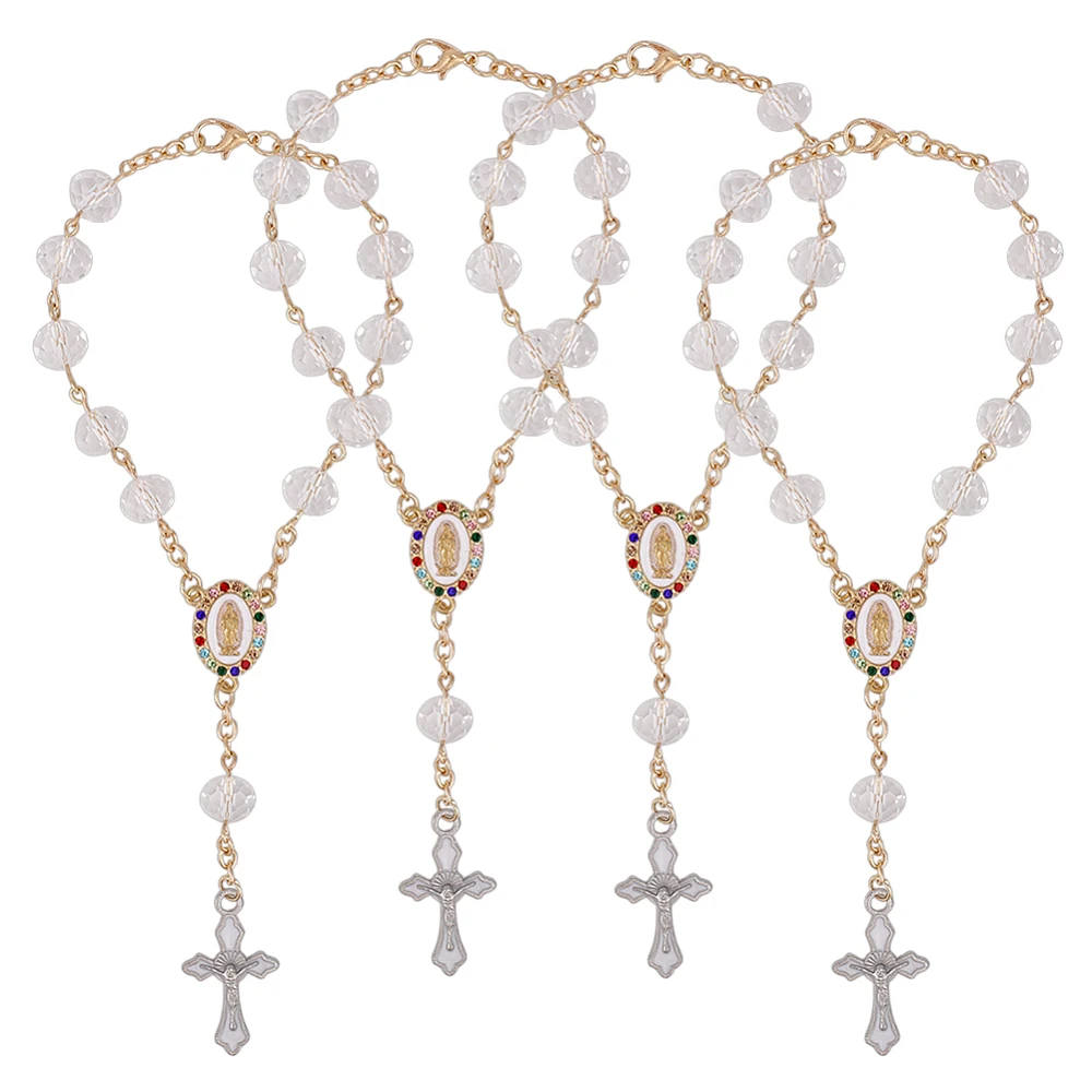 4Pcs Car Rosary for Rearview Mirror Hanging Steering Wheel Charm Faith-Centered Charm with Crucifix Beads for Car Mirror Hanging