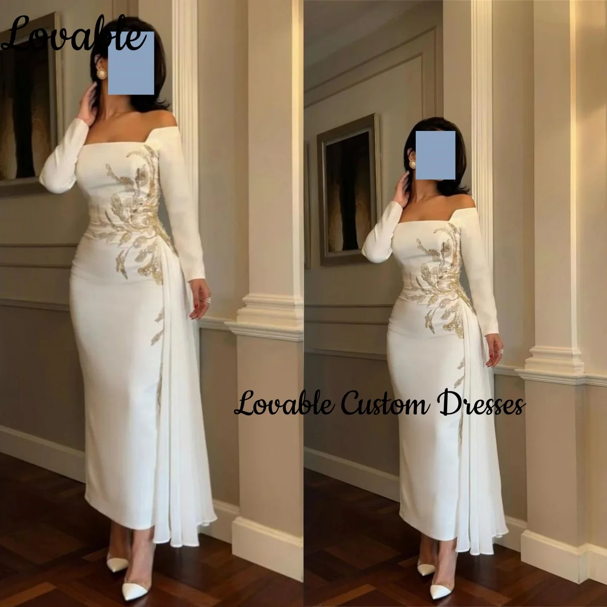 Wedding Dress Women Long Sleeves Customized Column Off-The-Shoulder Neckline Dubai Luxury Evening Dress Beadings Zipper Up Ball-