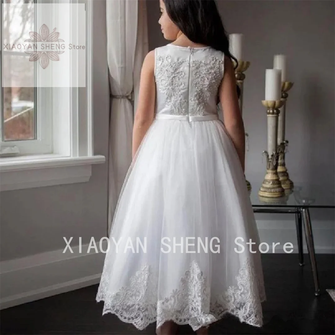 Flower Girl Dresses For Weddings Lace Appliques Pearls First Communion Dresses 2023 Tulle Lvory Sleeveless Floor Length