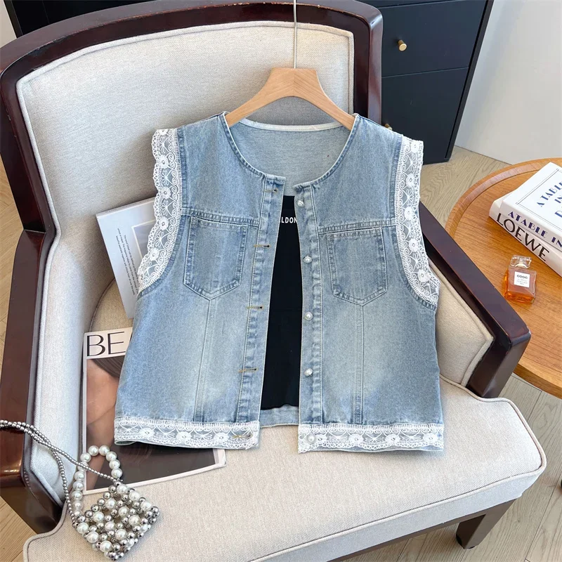

Fashion Lace Patchwork Light Blue slim Short Denim vest women Round Neck Single-Breasted sleeveless Cowboy waistcoat female