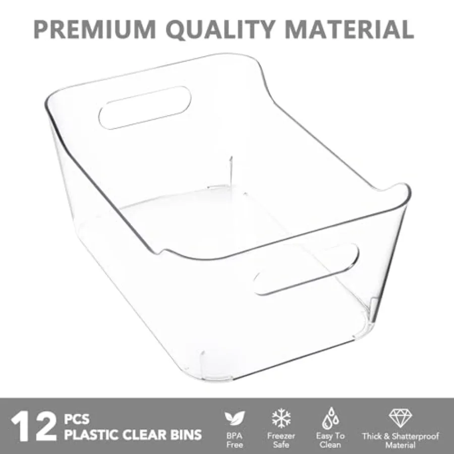 Confezione da 12 contenitori portaoggetti in plastica Contenitori organizer multiuso per dispensa, cucina, armadio da ufficio, scaffale e organizzazione del frigorifero con trasparente