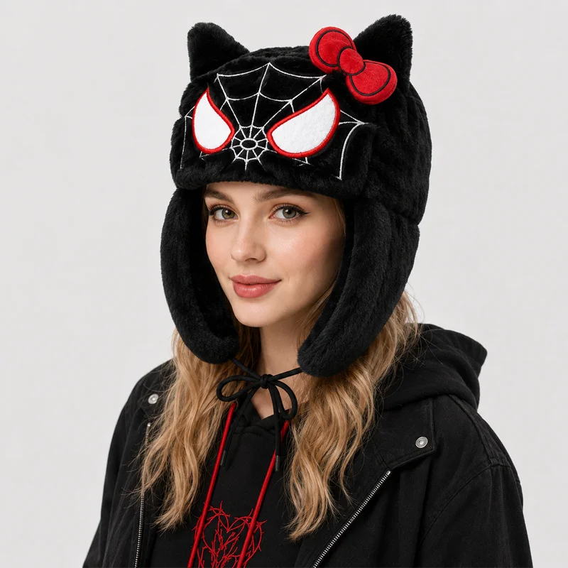 Cute Plush Animal Hat Black Cat Earflap Cap Spider Web Bow Soft Warm Furry Winter Beanie Unisex Cosplay Streetwear view 5
