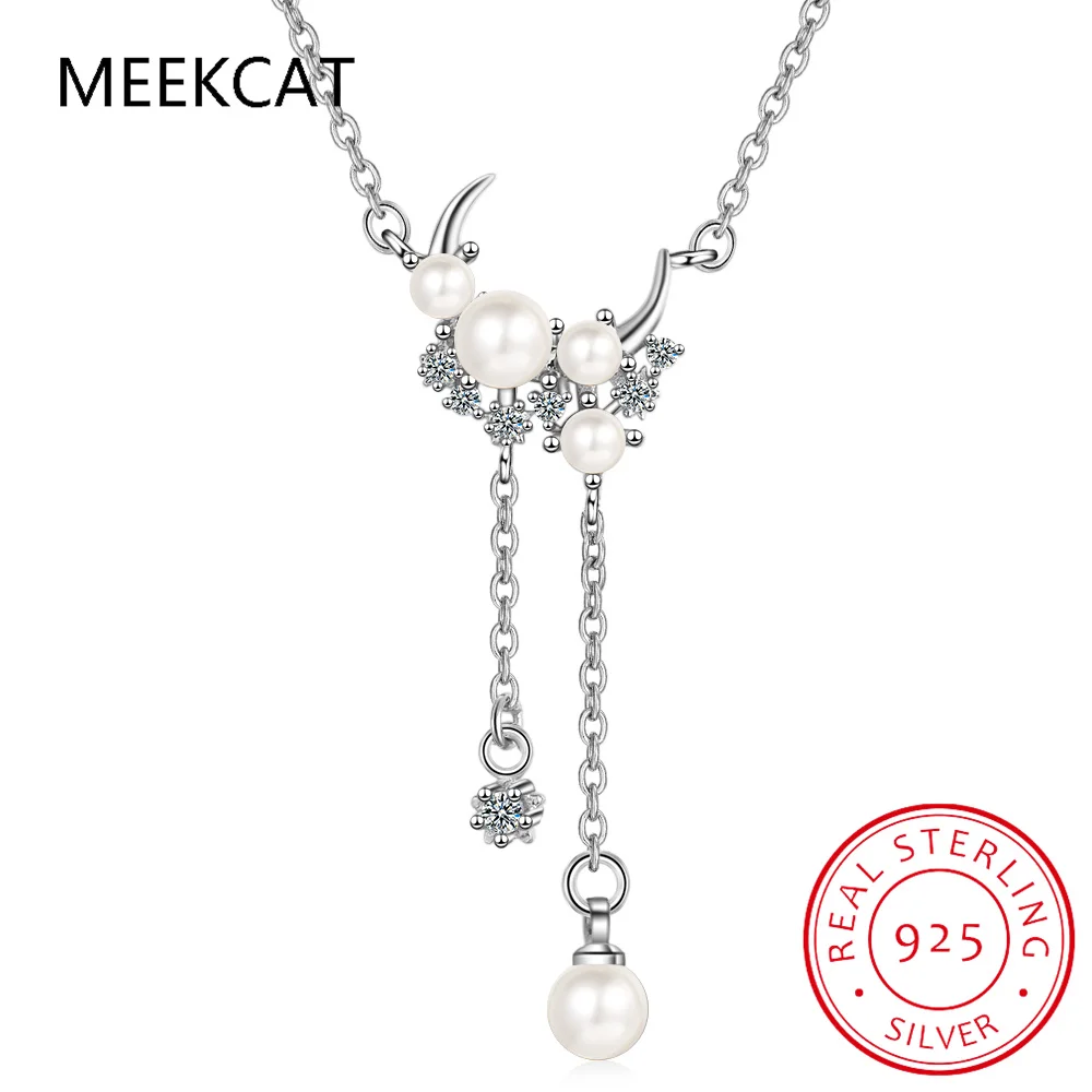 925 Sterling Silver Star Moon Imitation Pearl Tassel Chain Necklace for Women Light Luxury Clavicle Chain Party Jewelry