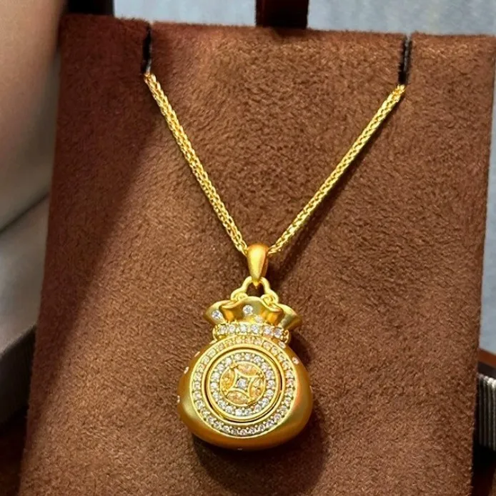 Exquisite Craft Diamond Brushed Rotating Coin Lucky Bag Pendant Women 24K Gold AU999 Fine Details