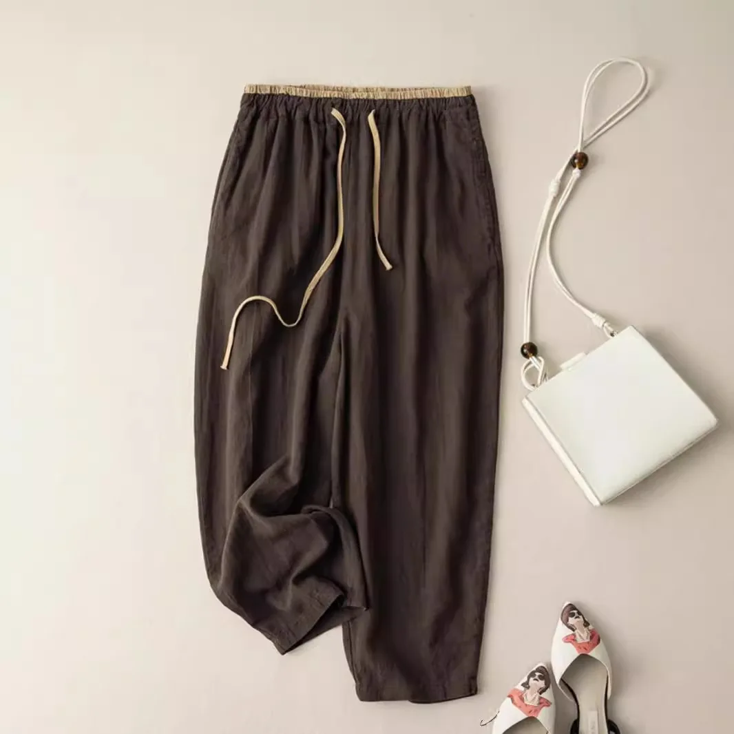 XIZOU Retro Cotton Linen Wide Leg Pants Women Summer Loose Color Versatile Drapey Slimming Nine Points Casual Trousers