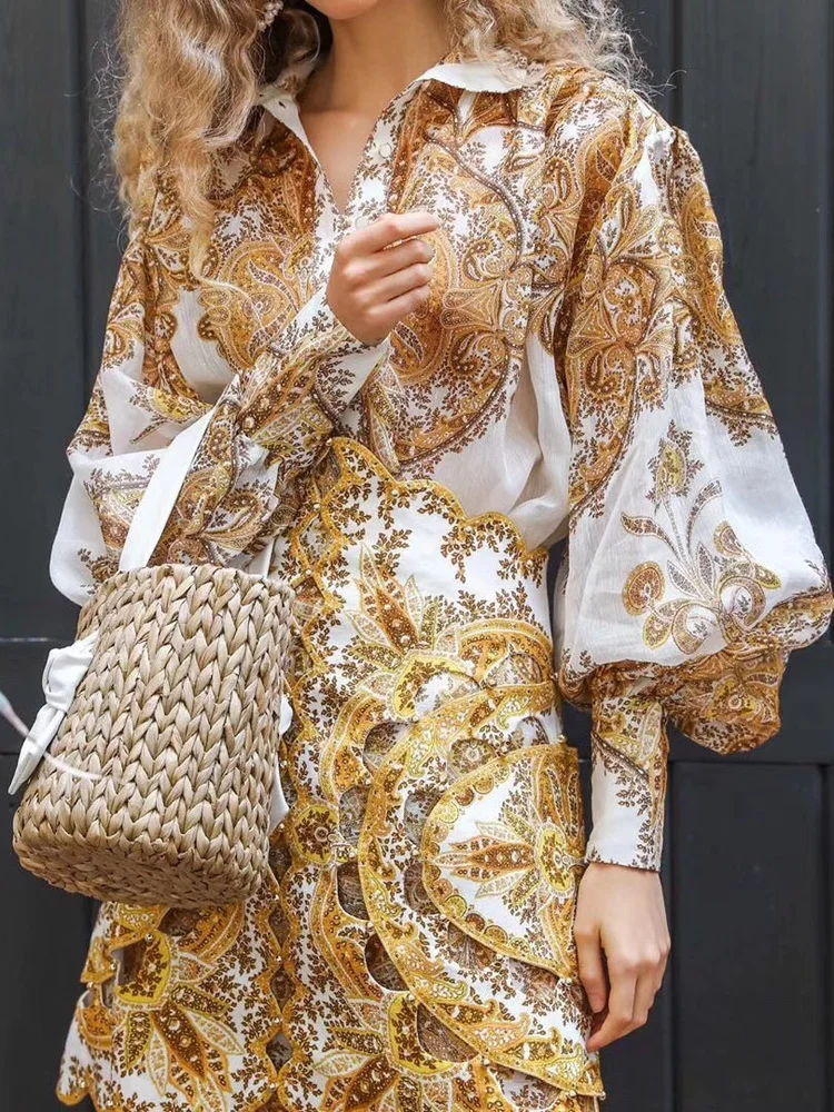 

Retro Court Sle Lantern Sve Heavy Work Hollow Design Slim Fit f Skirt Stand Collar irt Set Women's Faion Ensemble