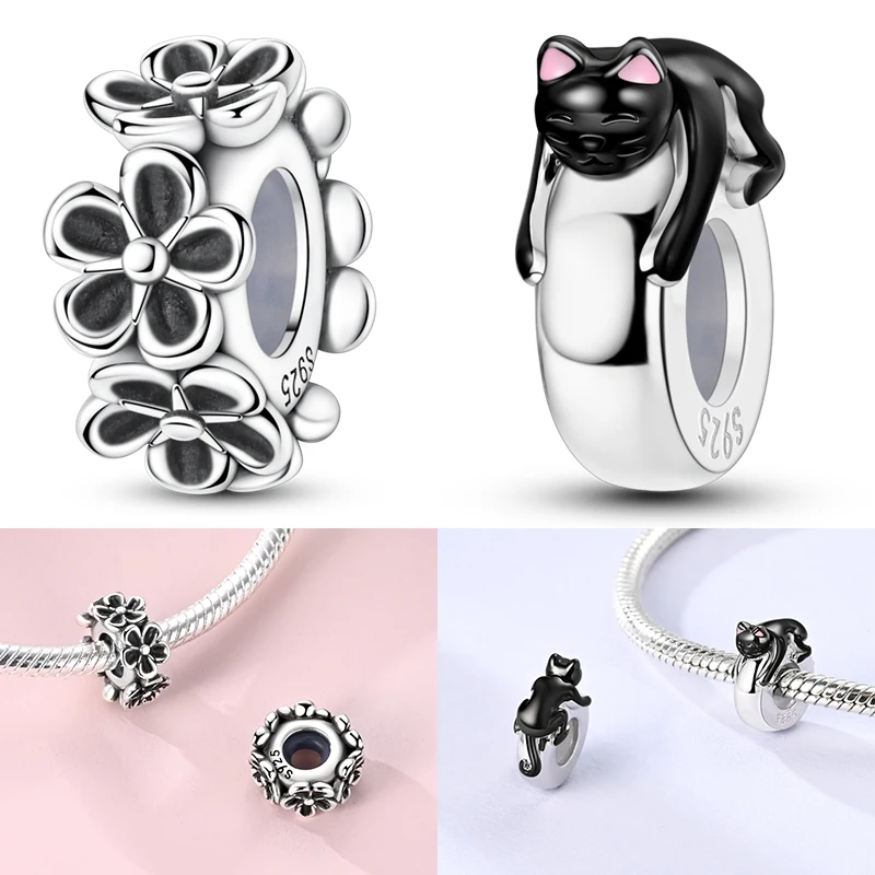 

925 Sterling Silver Black Flowers Silicone Stopper Clasp Clip Silver Isolation Charms Beads Fit Original Bracelet DIY Jewelry