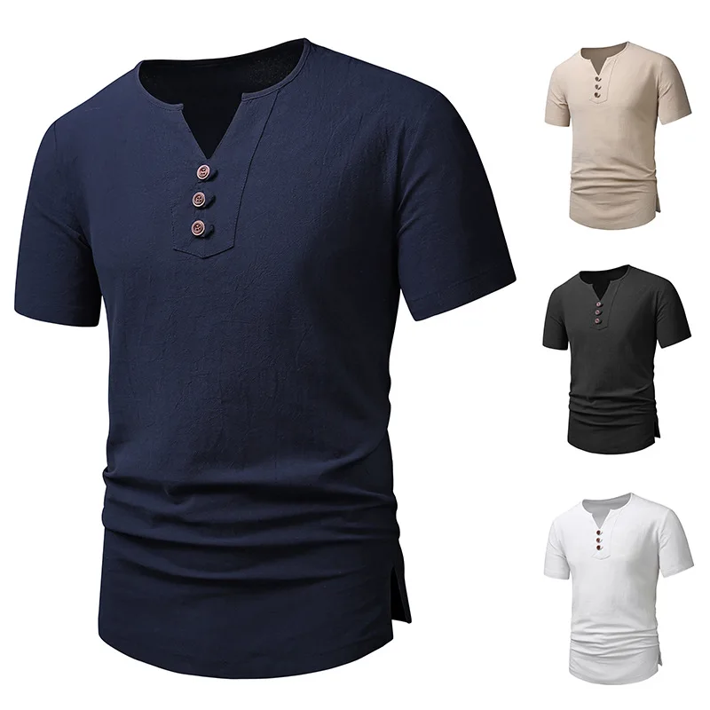 Cotton and Linen V-neck Beach Men's Short Sleeved T-shirt 2024 Fashionable Casual Large Versatile Solid Color Buckle