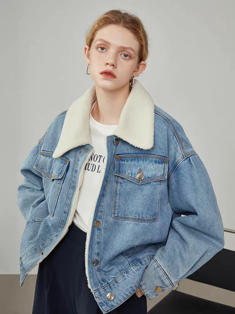 

Denim Coat Belt Fur Plush Womens Winter Hooded Thickened Flare Drawstring Ins Subcultural Hip-Hop Kpop Trendy High-End Patchwork