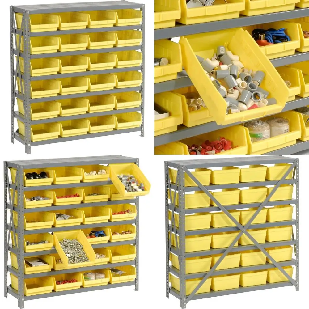 Rak Penyimpanan Baja 7 Tingkat dengan 24 Tempat Penyimpanan Plastik, Abu-abu dan Kuning, Lebar 36 x Dalam 12 x Tinggi 39, Kekuatan Industri, Berat