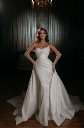 Exquisite Strapless Beading Wedding Dresses Mermaid Pleat Satin Ball Gowns Detachable Train Formal Bride Beach Party Vestidos