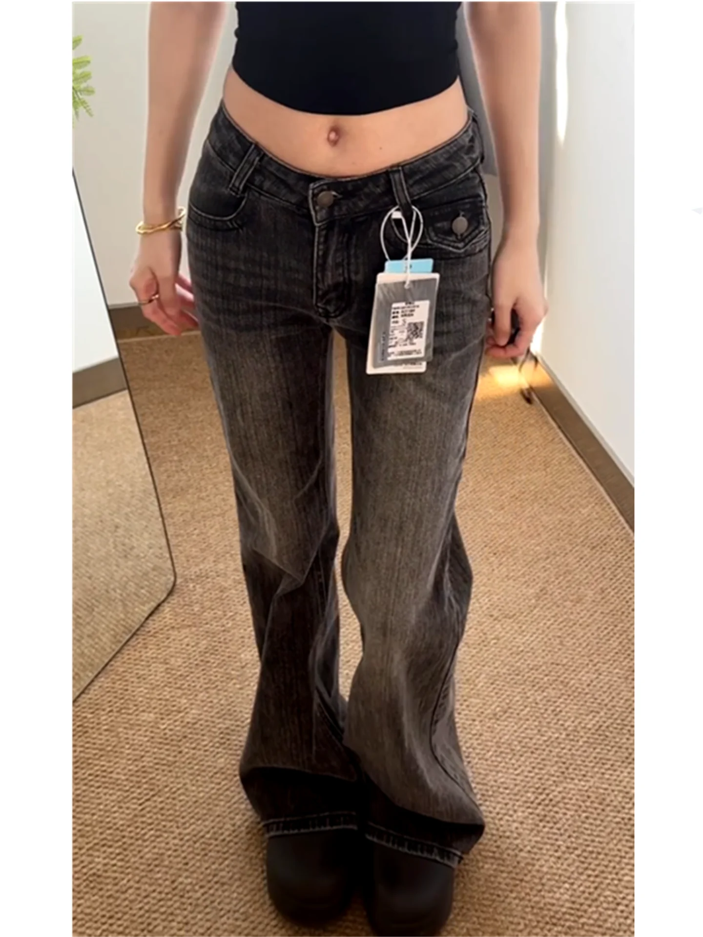 

Retro American Grey Black Bamboo Fiber Low Waist Bell Bottom Jeans Women's Loose Slimming Design Floor Length Pants