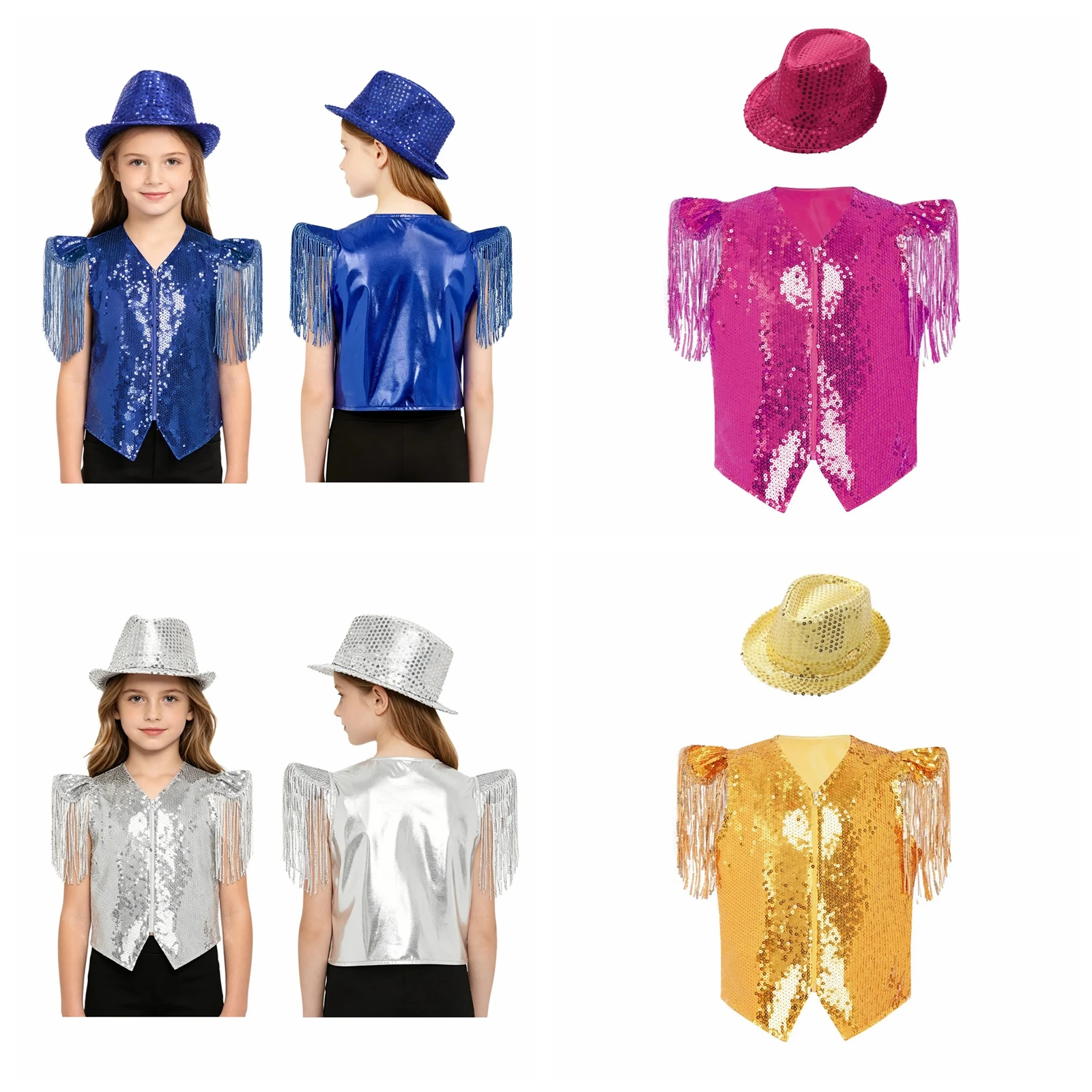 

Kids Boys Girls Vests Tassel Sleeves Sequined 80s Disco Waistcoats Hip Hop Performance Outfit Metallic Vest Jazz Dance Costume