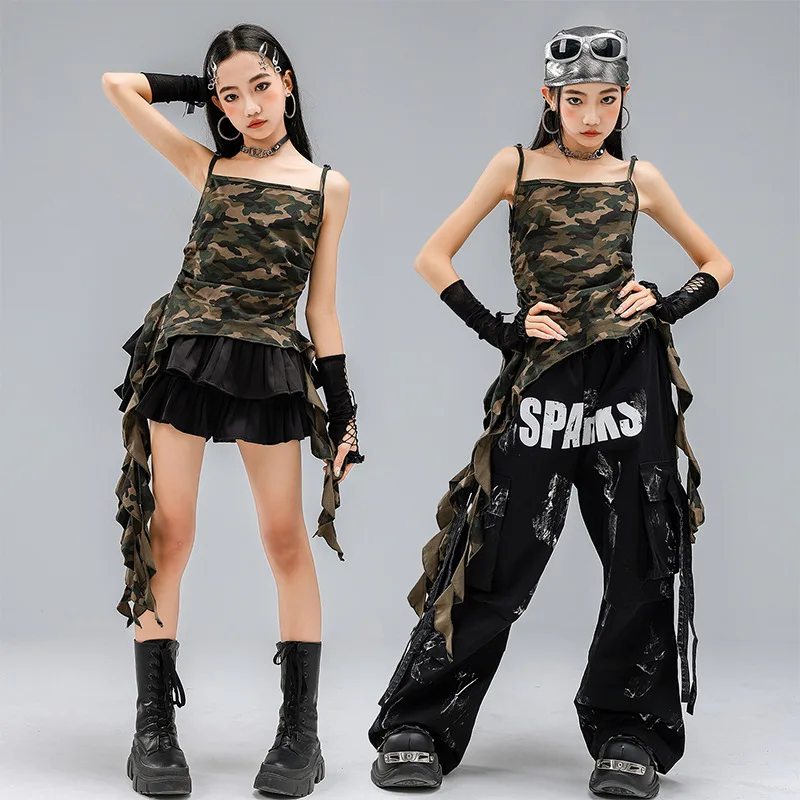 Hip Hop Mädchen Camo Weste Top Street Dance Tiered Röcke Coole Streetwear Outfit Gruppe Jazz Cheerleader Kostüme Bühne Kleidung Sets