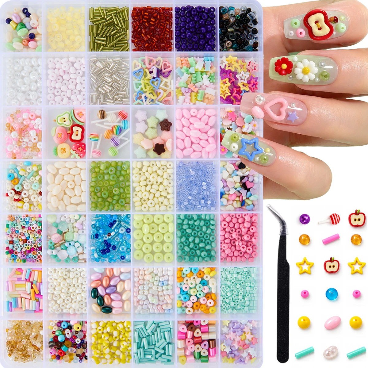 1Box-42 Grids Macaron Colored Creative Candy Bow Resin Nail Art Decorations Novelty Realistic Star Beads Hybrid Nail Charms DIY