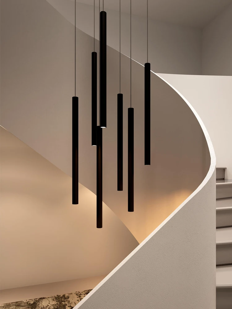 

Long Ceiling Chandelier Modern Cylindrical Lamp Suspended Lighting Fixture Villa Water Pipe LED Nordic Staircase Chandelier