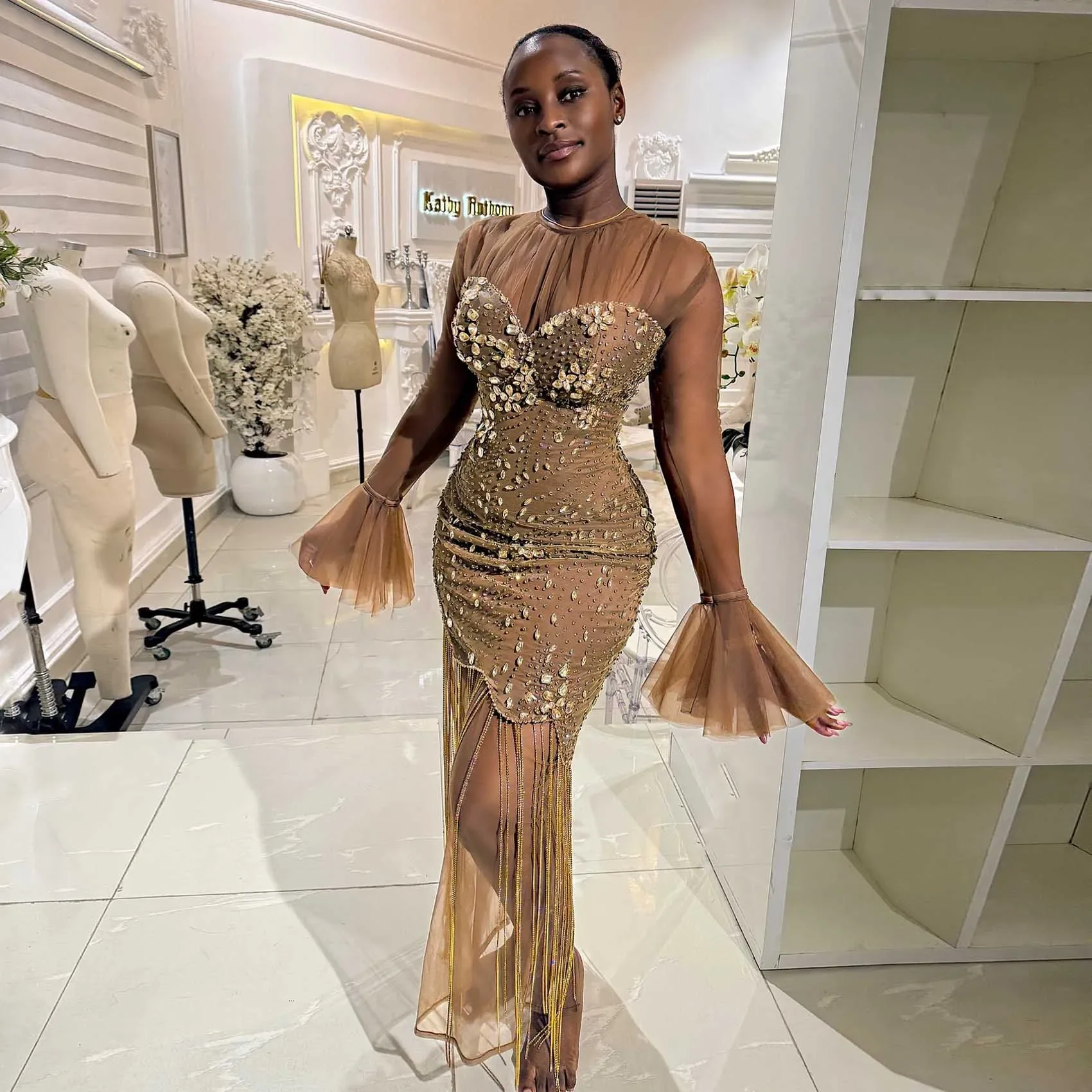 

Платье Aso Ebi в стиле русалки с кружевом и кристаллами, расшитое бисером, сексуальное, с прозрачными рукавами, уникальное, для свадеб, вечеринок и торжественных мероприятий, на заказ