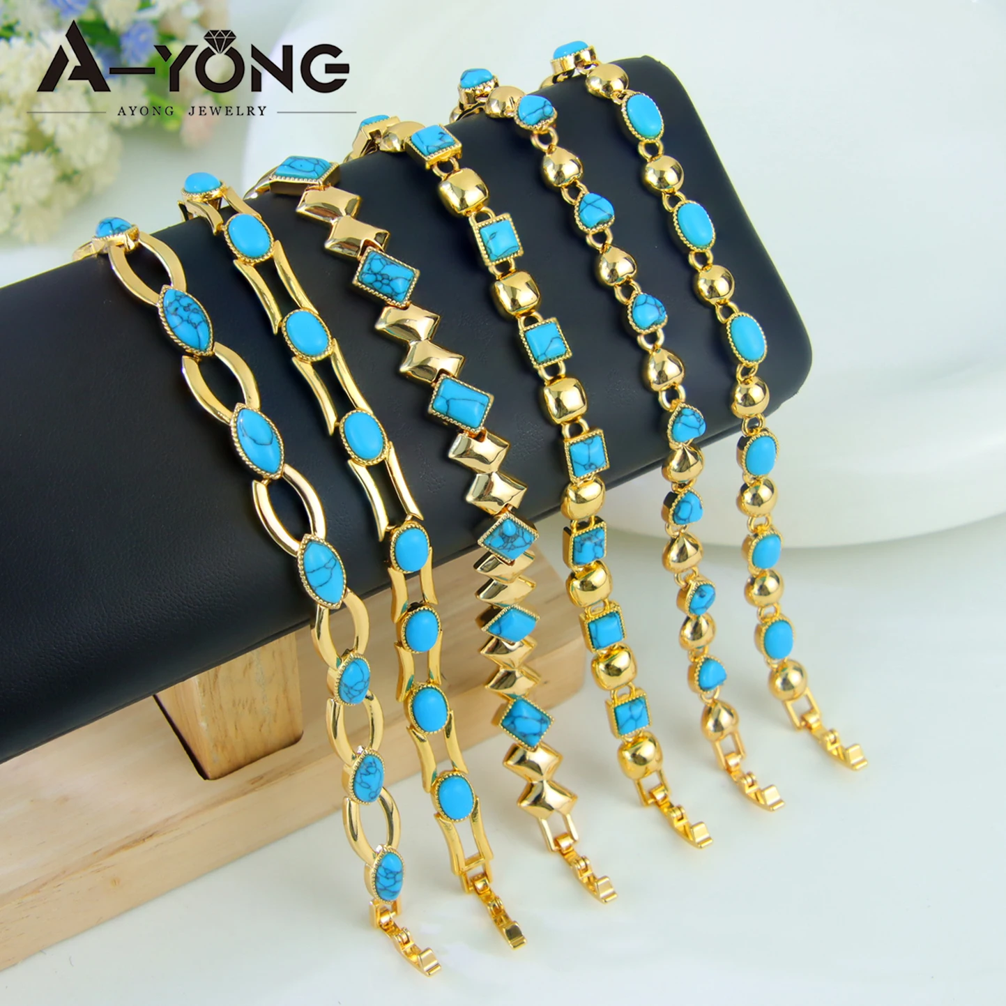 Fashion Turquoise Gold Plated Bracelet 21k Gold Color Muslim Elegant Bangles Dubai Saudi Women Wedding Party Jewelry