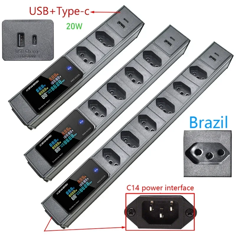 Power Strip 2/3/4/5/6/7/8/9/10 Brazilian Socket USB+Type-C Digital Ampermeter Voltmeter Ammeter Power Energy C14 interface