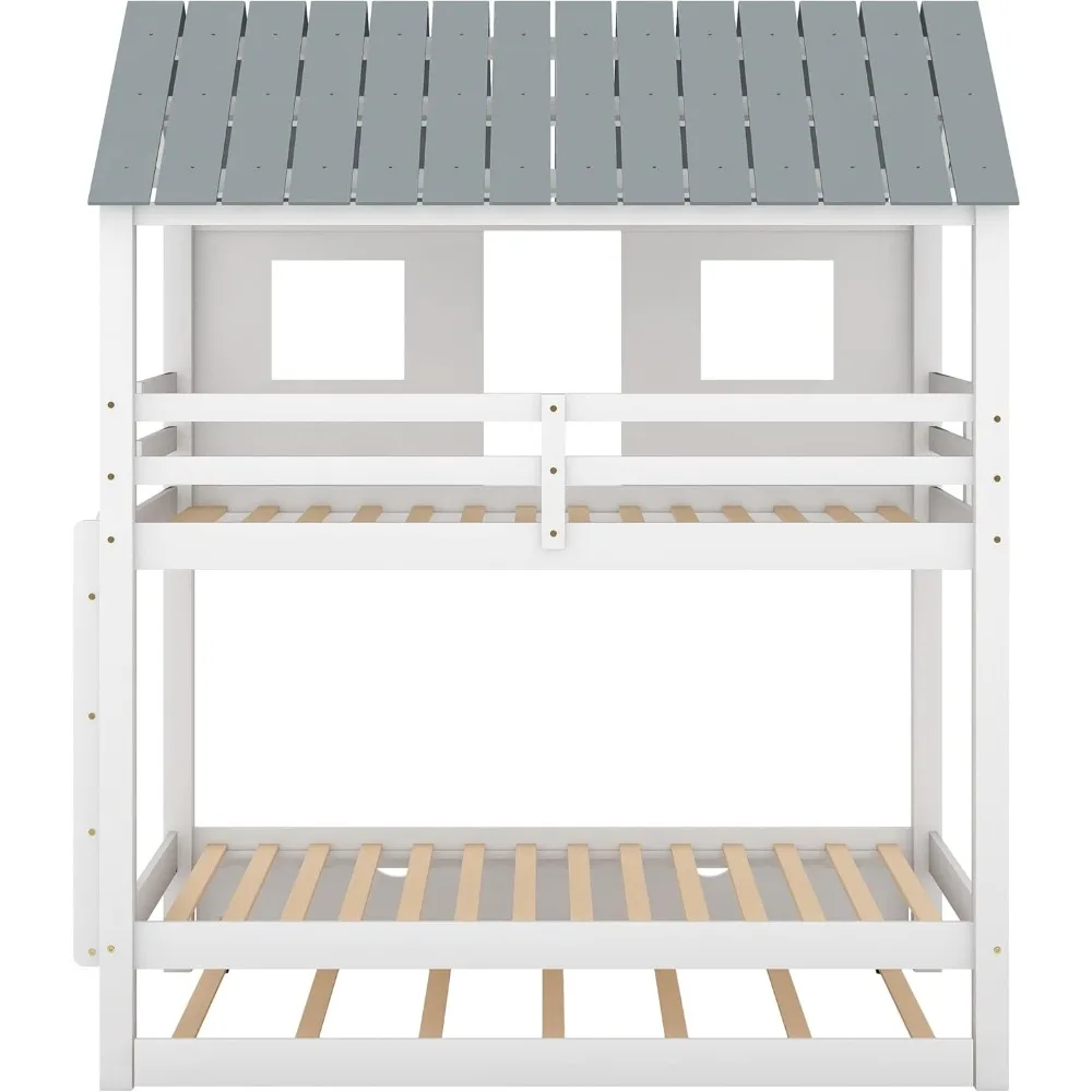 سرير منزلي بطابقين مع دولاب، سرير خشبي بطابقين مع سقف وقضيب حماية للمراهقين والأولاد والبنات والأسرة، لا حاجة إلى صندوق زنبركي #4