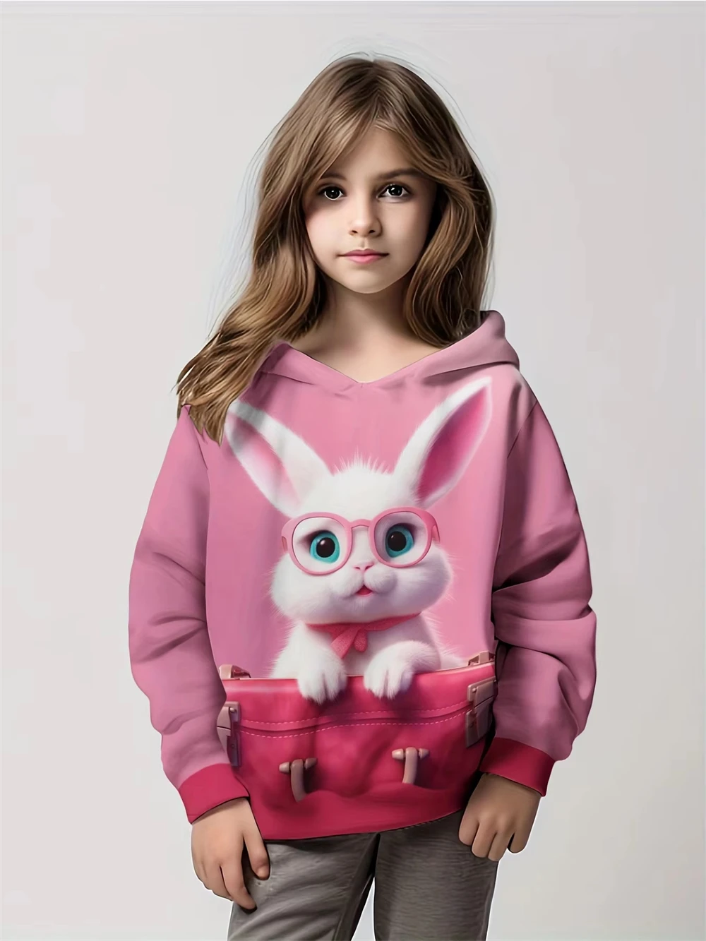 

Child Hoodies Trendy Girls Cartoon Bunny Print Pullover Long Sleeve Children's Sweatshirt Hooded Sweatshirt Street Fashion Tops