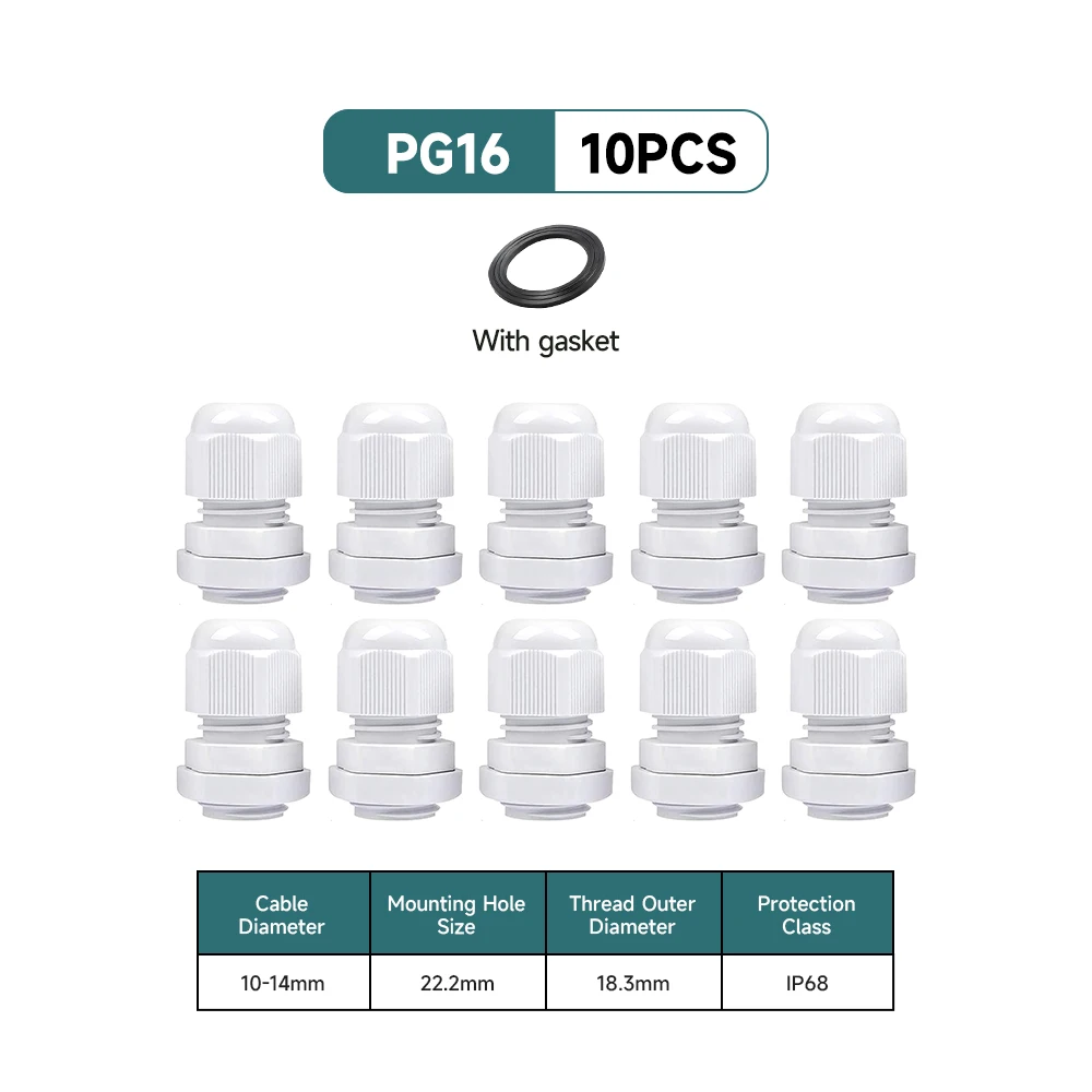 5/10 Stück wasserdichte Kabelverschraubung aus Nylon, IP68, PG7, PG9, PG11, PG13,5, PG16, für 3–14 mm Kabel, Draht, Sicherungsmutter, Verbindungsstück, weiß