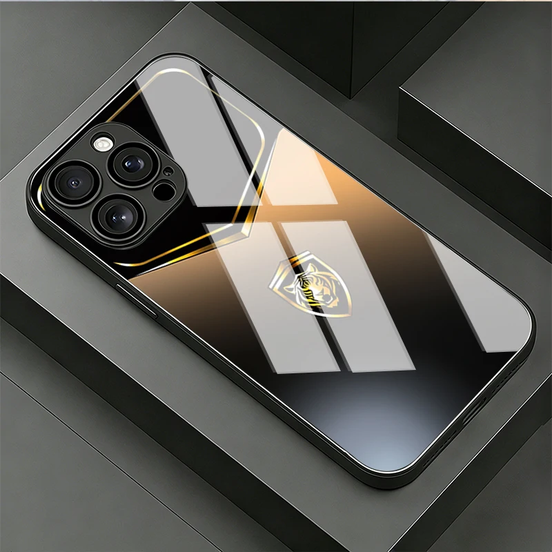 Golden Tiger Head Shield Glass Phone Case for iPhone 16 17 Pro Max 15 14 Plus 13 12 11 Pro Max 16E 17Air XR XS MAX 7 8 SE2 Cover