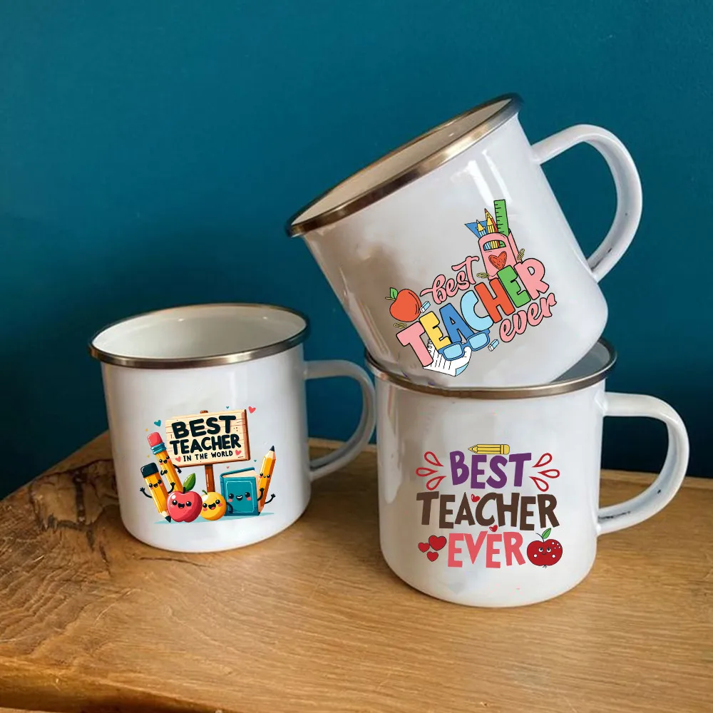 Mug en émail au design 'Meilleur Enseignant de Tous les Temps', Cadeau de Remerciement pour Enseignant, Tasse à Café Tendance, Cadeau pour la Fête des Enseignants