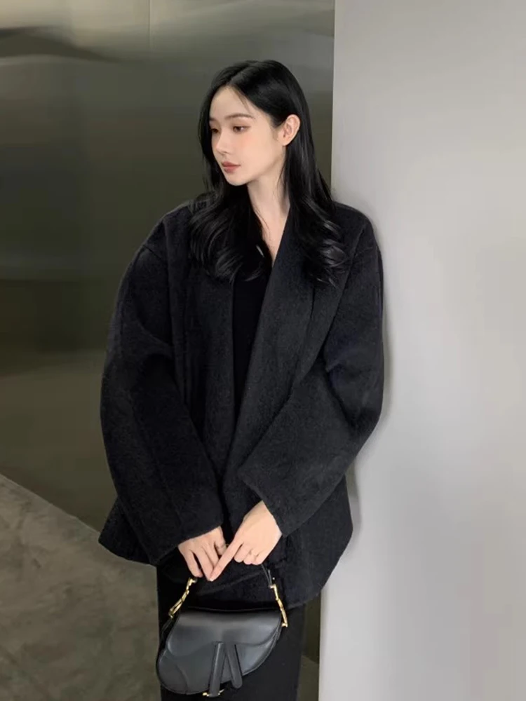 

Chic Autumn Winter Double-sided Woolen Coat Women's Slimming Long Sve Waist-cinching Pure Color Versatile Outerwear