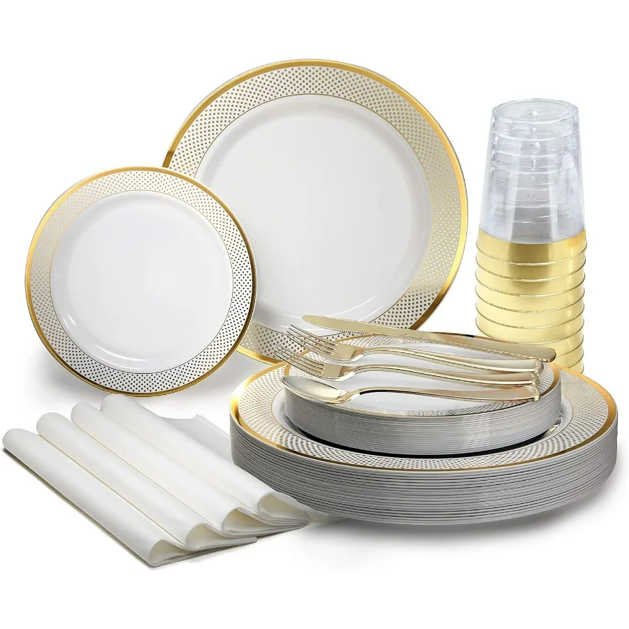 

OCCASIONS Набор из 200 предметов для 25 гостей, набор одноразовых пластиковых тарелок для свадебной вечеринки, 25 x 10,5 дюйма + 25 x 7,5 дюйма + серебро + C