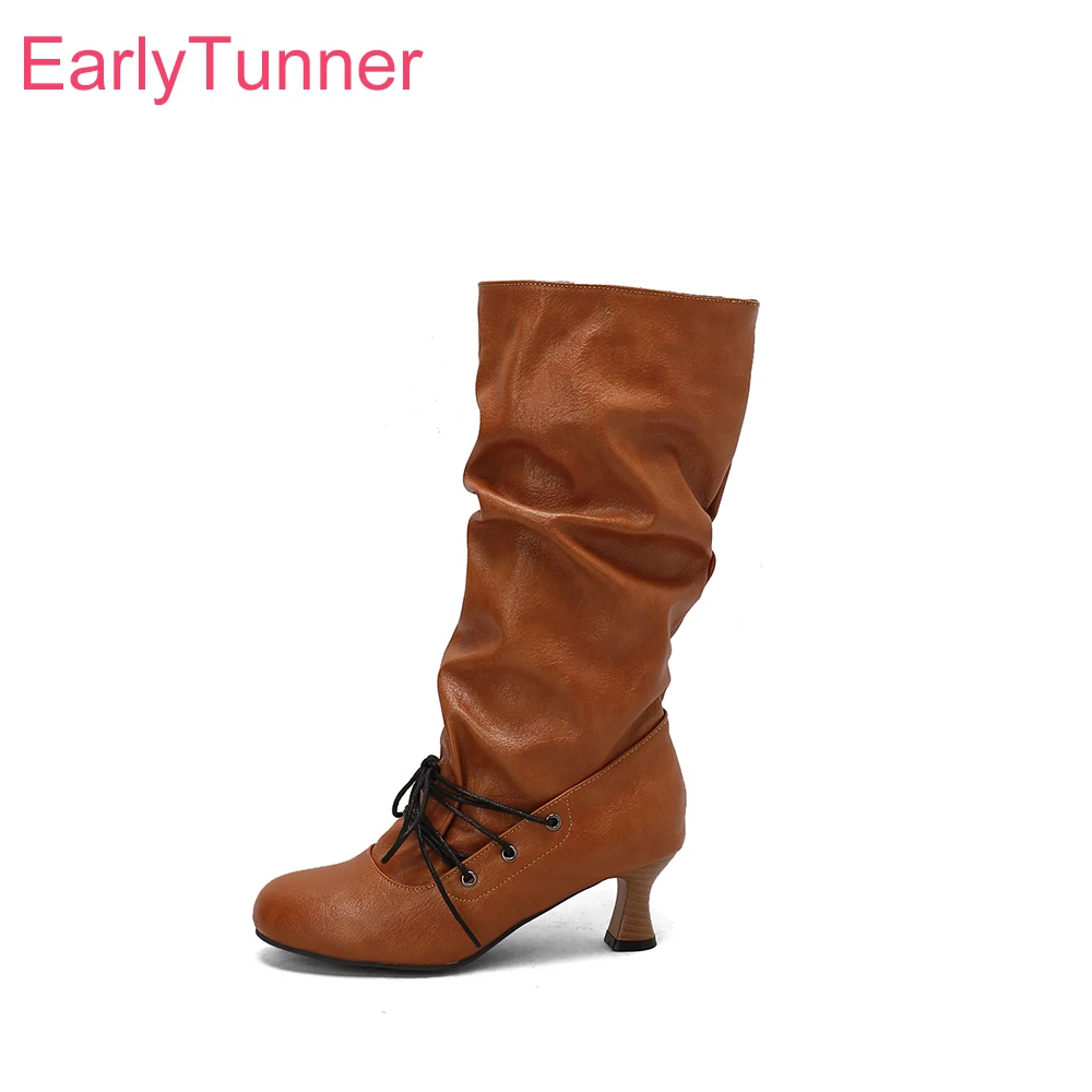 

2025 Новые зимние женские сапоги до середины икры для взрослых желтого и розового цвета с галстуком-бабочкой на высоком тонком каблуке, женская обувь для вечеринок, большие размеры 11 43 46 50