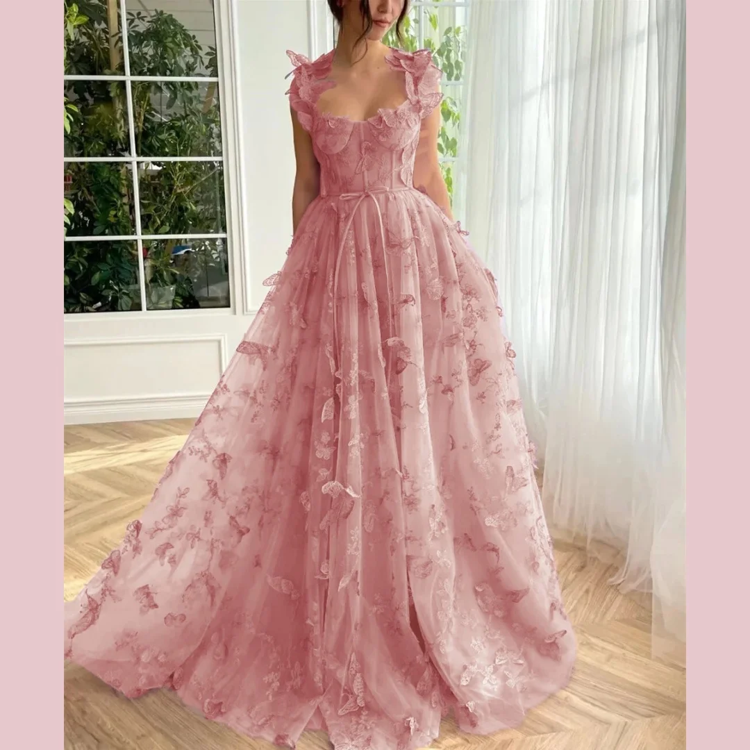 

Fashion Butterfly Embroidery Prom Dresses Spaghetti Straps A-line Adjustable Long Homecoming Dress Elegant Christmas Party Gowns