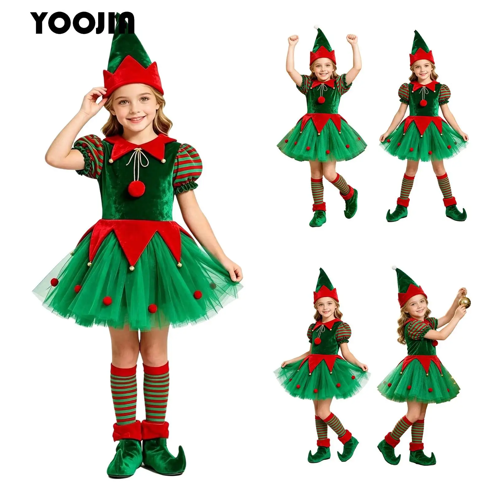 Child Christmas Green Elf Costumes Girls Santa Claus Tutu Dress Set Short Puff Sleeves Velvet Bodice Tulle Dress with Hat Socks