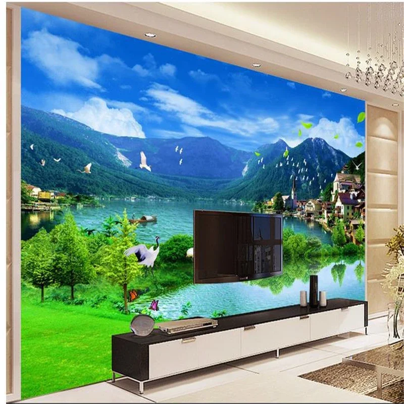 beibehang murals wallpaper Green water town backdrop murals TV backdrop wallpaper living room bedroom waterfall murals
