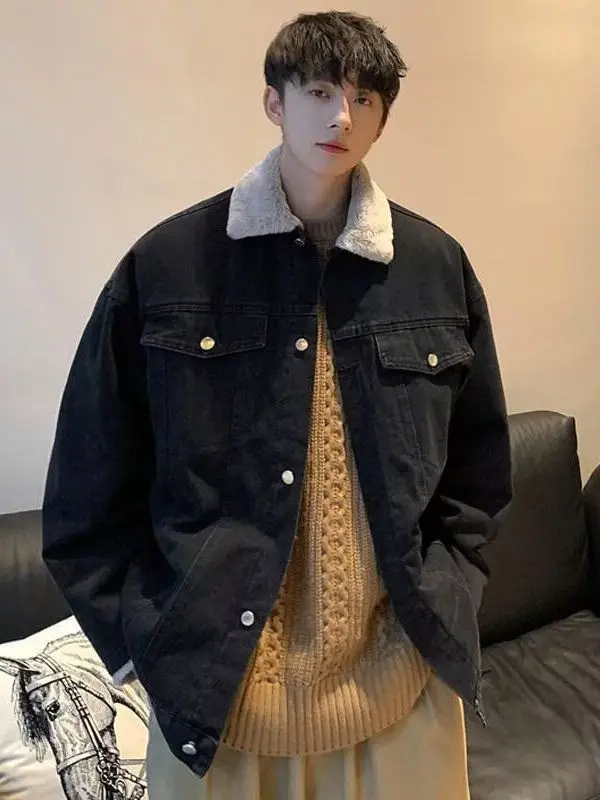 

Men's Winter Thiened Fce Lined Denim Jaet Loose Fit Trendy Inner ket Design Couple Cotton Jaet Top Youth