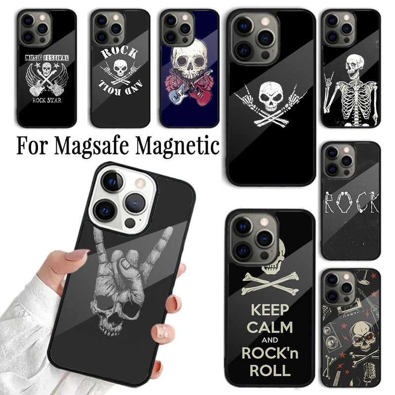 Coque Phone Case For iPhone 16 15 14 13 12 Mini 11 Pro Max Plus Magsafe Magnetic Wireless Charging Cover Rock Roll Skull