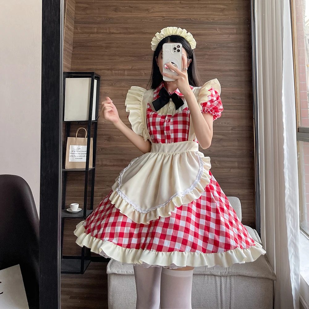 Halloween Cosplay Costumes Plus Size Lolita Maid Uniform Cute Apron Dress Animation Show Red Plaid Maid Outfits Kawaii Clothing