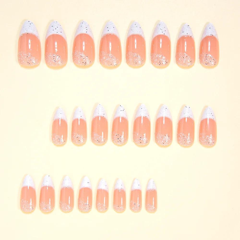 24枚入り シンプルなホワイトフレンチプレス風付け爪 グルー付き グリッター スパンコール グラデーション アーモンド型 付け爪 フルカバー インスネイル