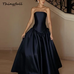 Thinyfull A-line Satin Simple Prom Dresses Strapless Sleeveless Evening Party Gown Long Special Occasion Dress Customized