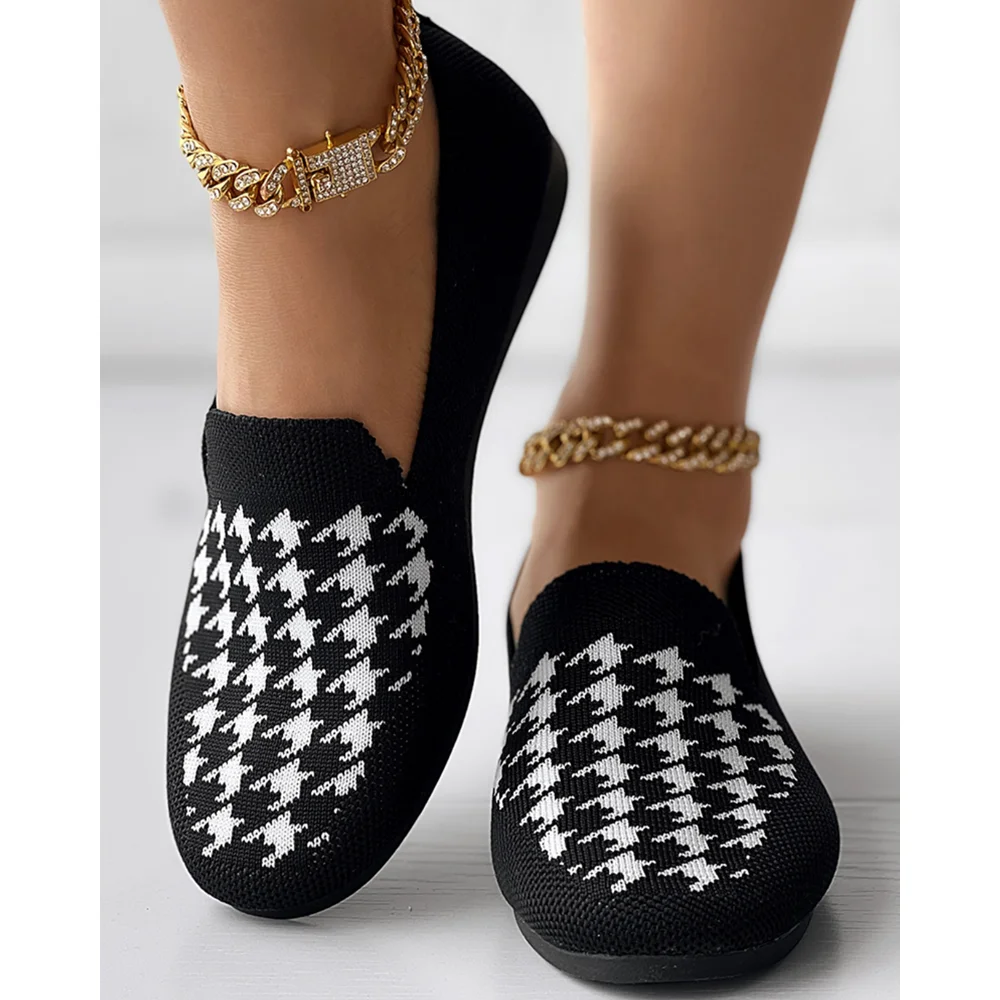 Houndstooth Mesh Flat Low-Cut‌ Slip-on Shoes for Women- Breathable Knitted Round Toe Loafers, Comfortable Work Commute Slippers